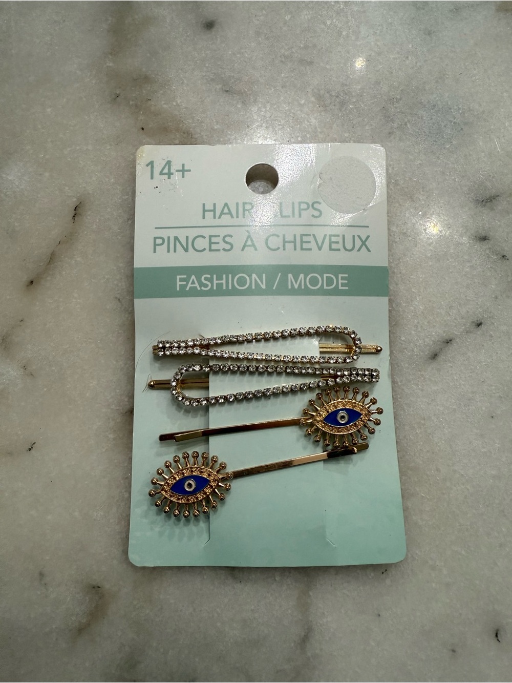 NWT Set of Gold Bobby Pin Hair Clip Accessories  - Rhinestone & Evil Eye Details